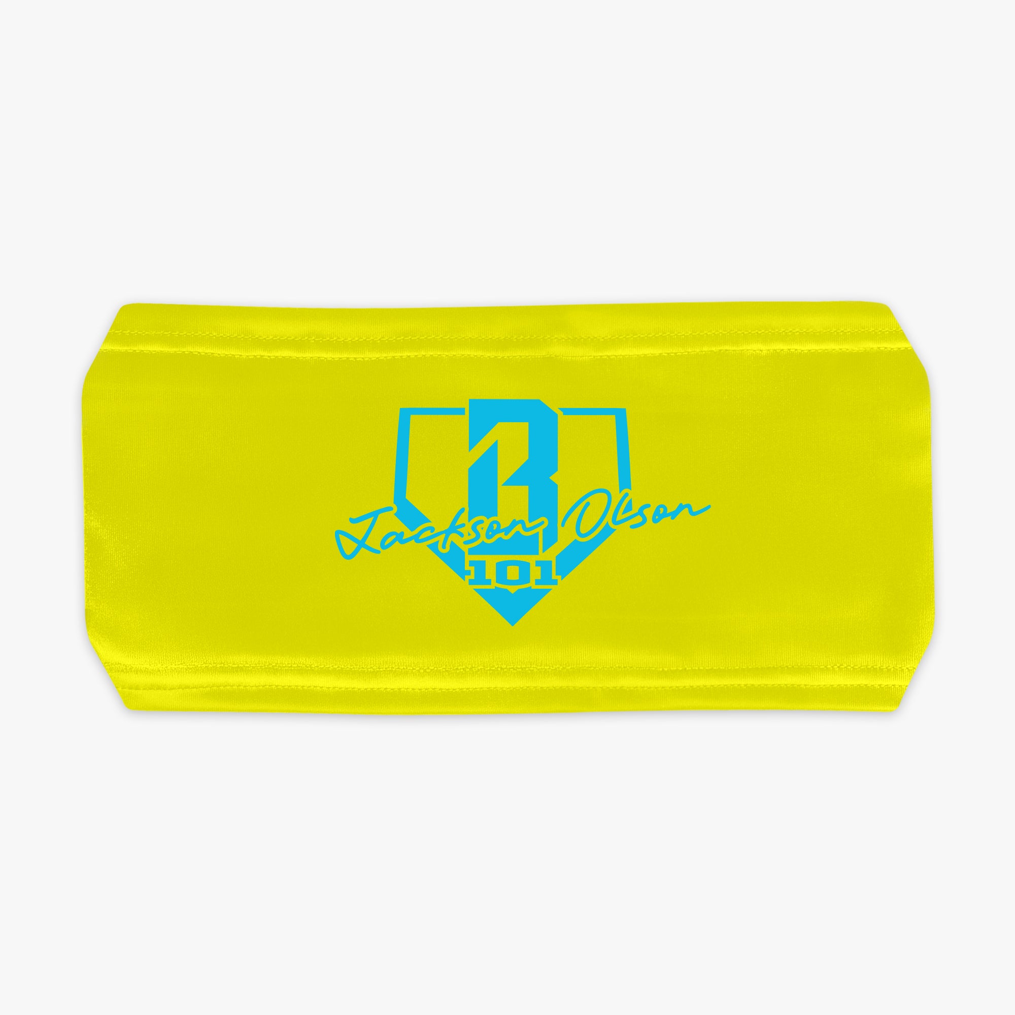 Yellow headband with blue BL101 logo and 'Jackson Olson' text on a white background