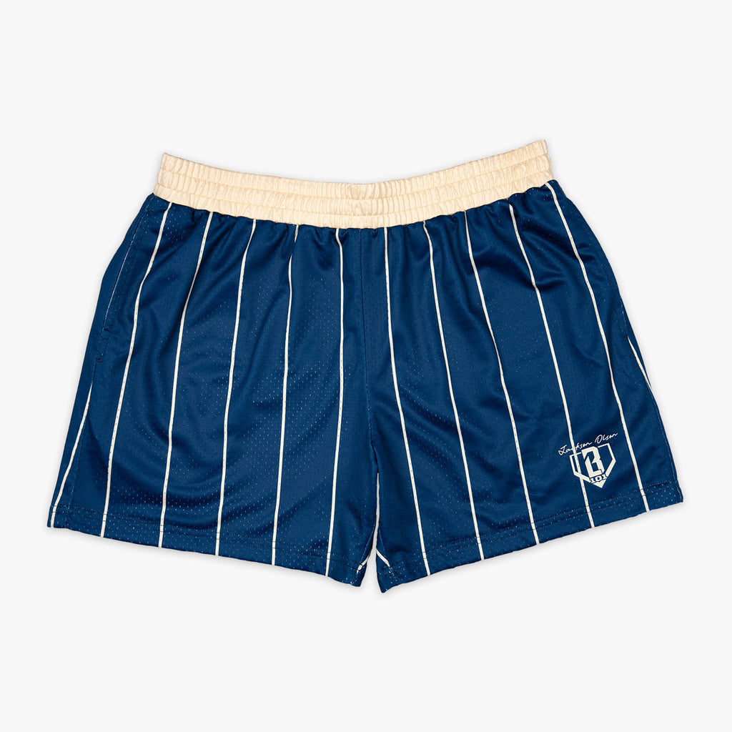 Blue striped shorts with beige waistband and white BL101 logo on a white background