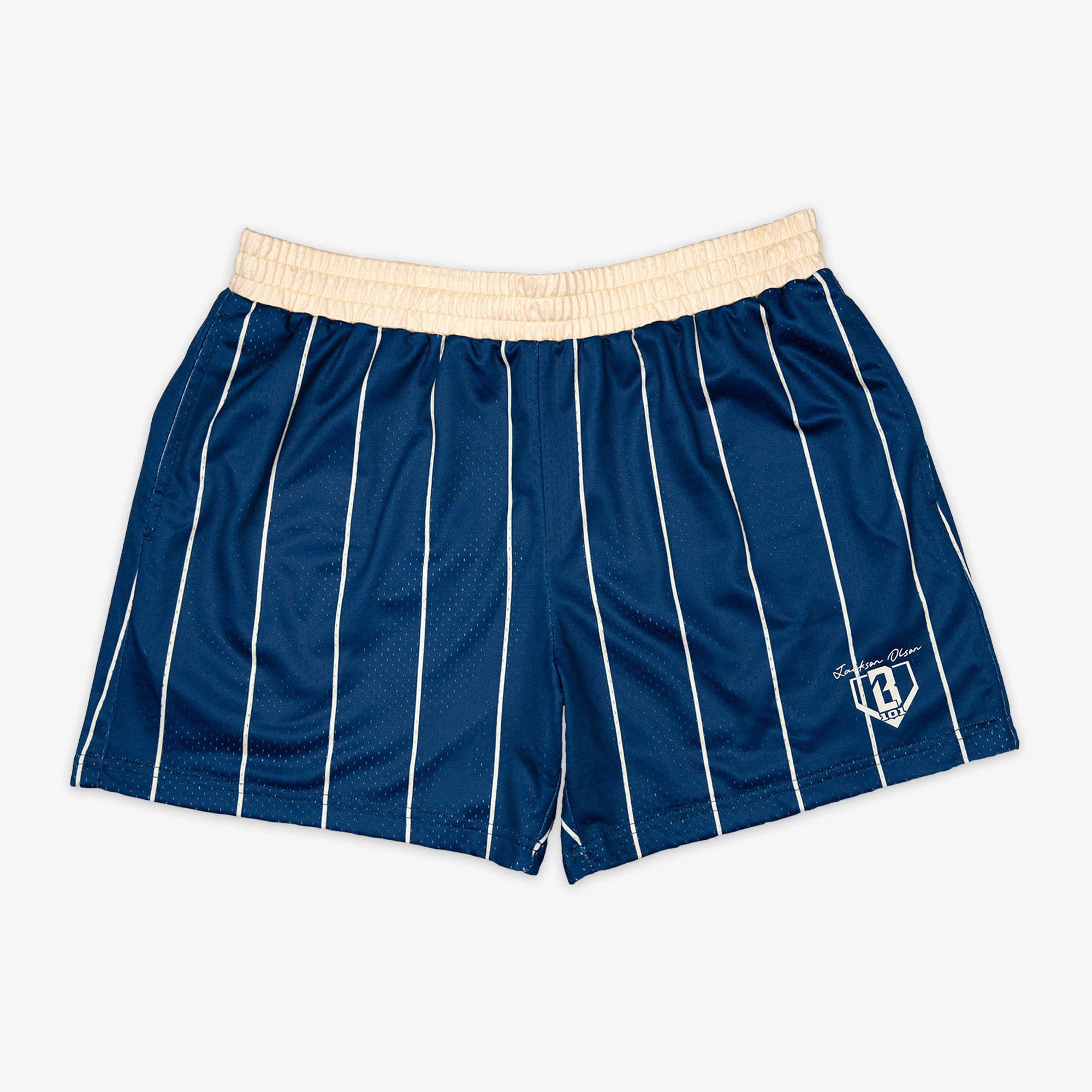 Blue striped shorts with beige waistband and white BL101 logo on a white background