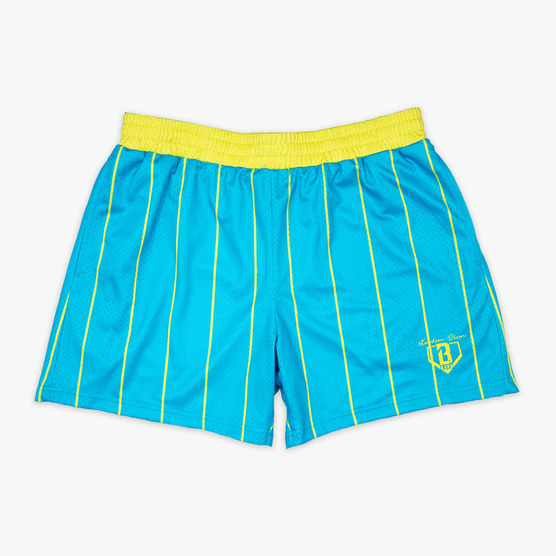 Blue shorts with yellow stripes and waistband  on a white background