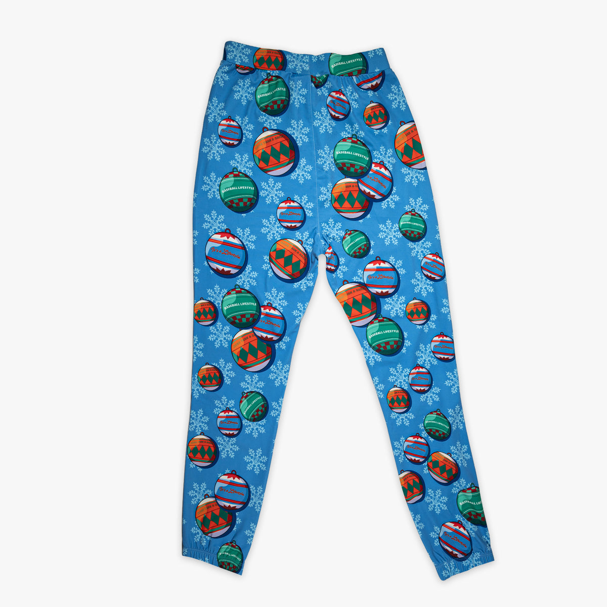 Blue youth pajama pants with "Jingle Ballers" design — back view