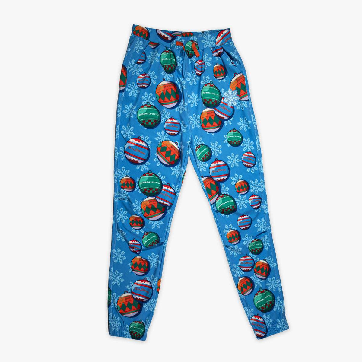 Blue youth pajama pants with "Jingle Ballers" design — front view