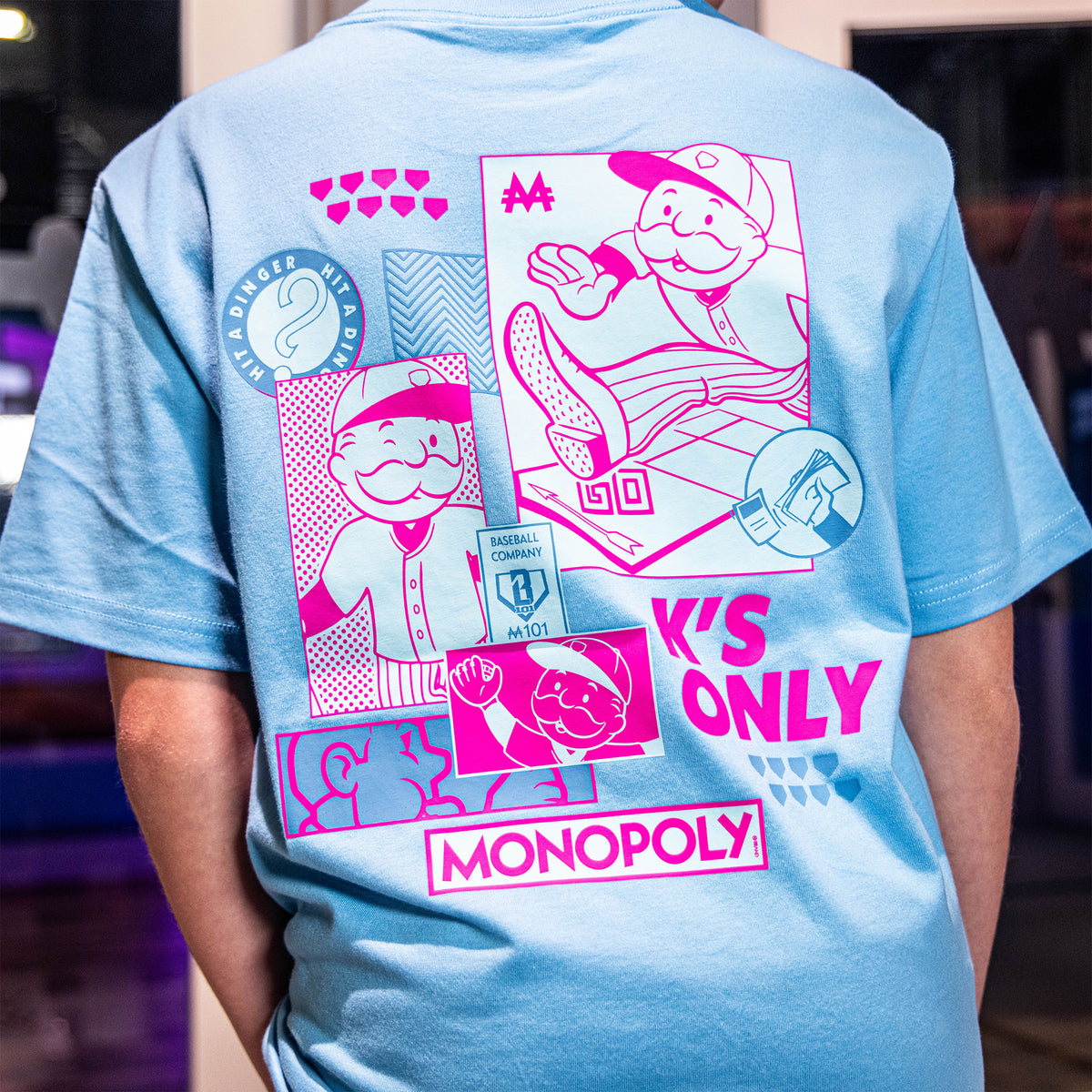 Adult model wearing graphic tee with “K's Only” design