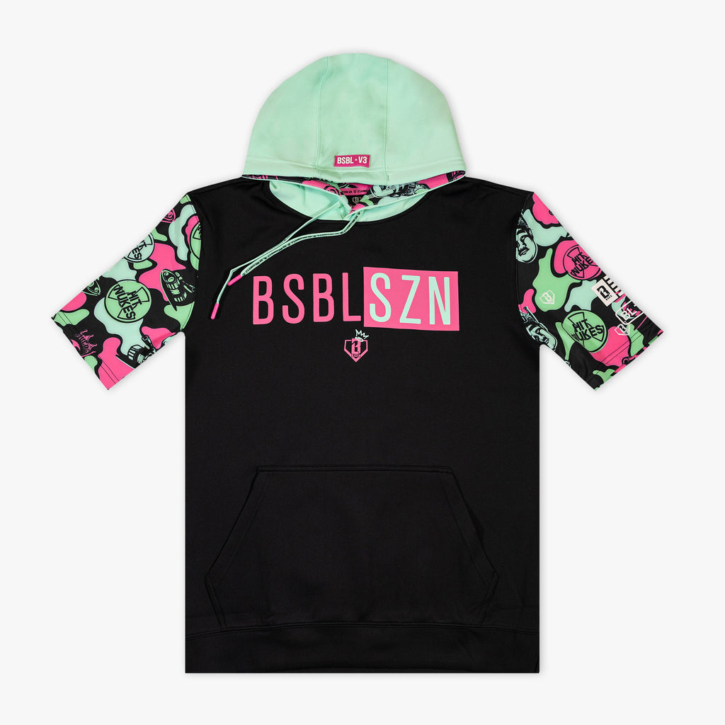 Black short sleeve hoodie with "King Of JUCO BSBL-SZN V3" design — front view