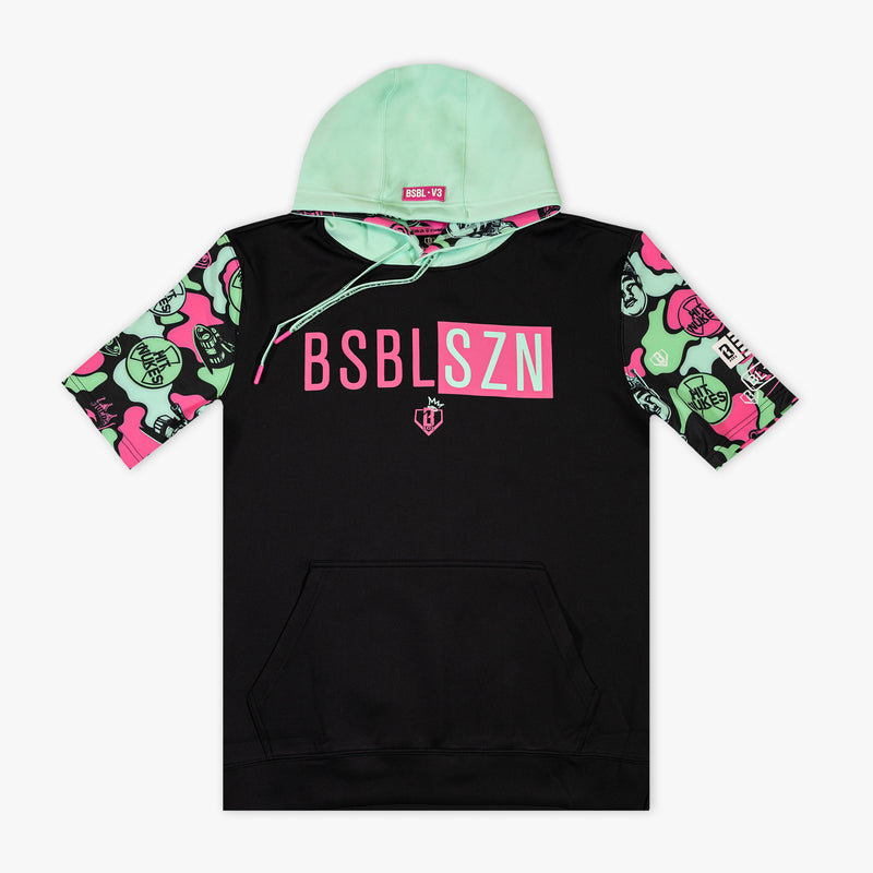 Black short sleeve hoodie with "King Of JUCO BSBL-SZN V3" design — front view
