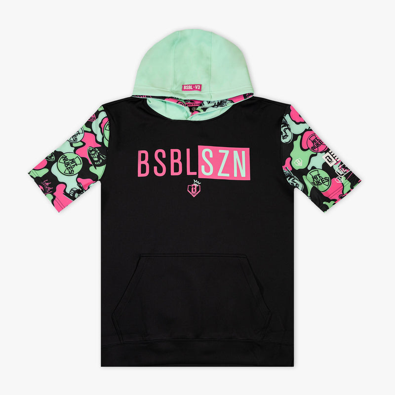 Black youth short sleeve hoodie with "King Of JUCO BSBL-SZN V3" design — front view