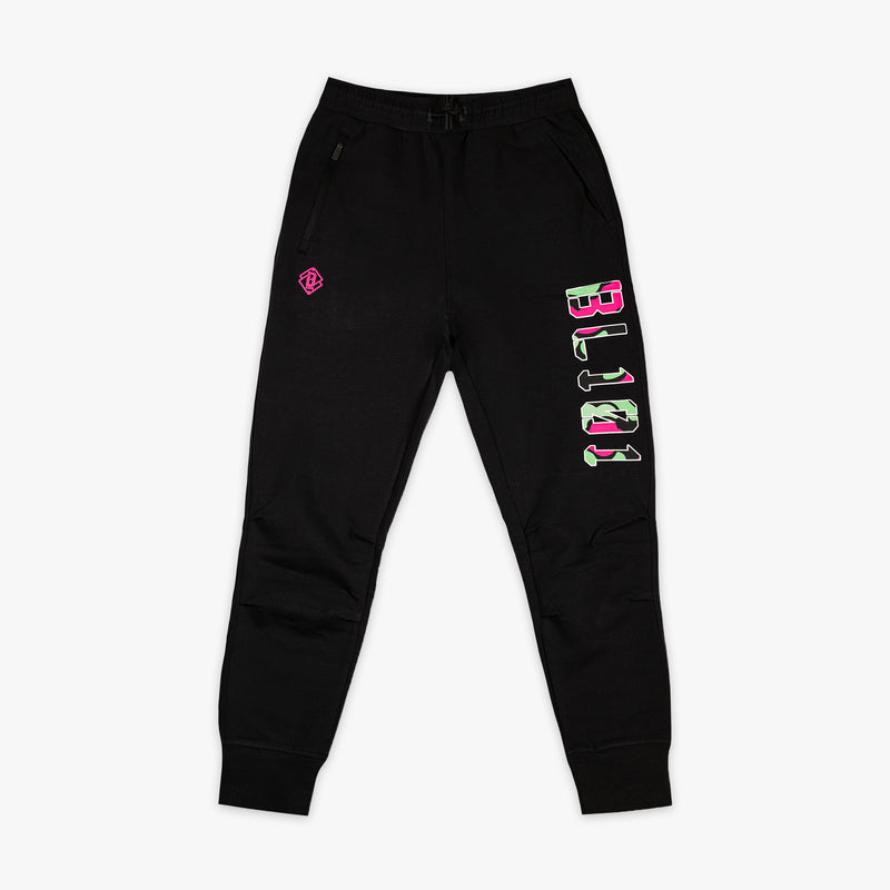 Black youth relaxed fit joggers with "King Of JUCO Diamond" design — front view