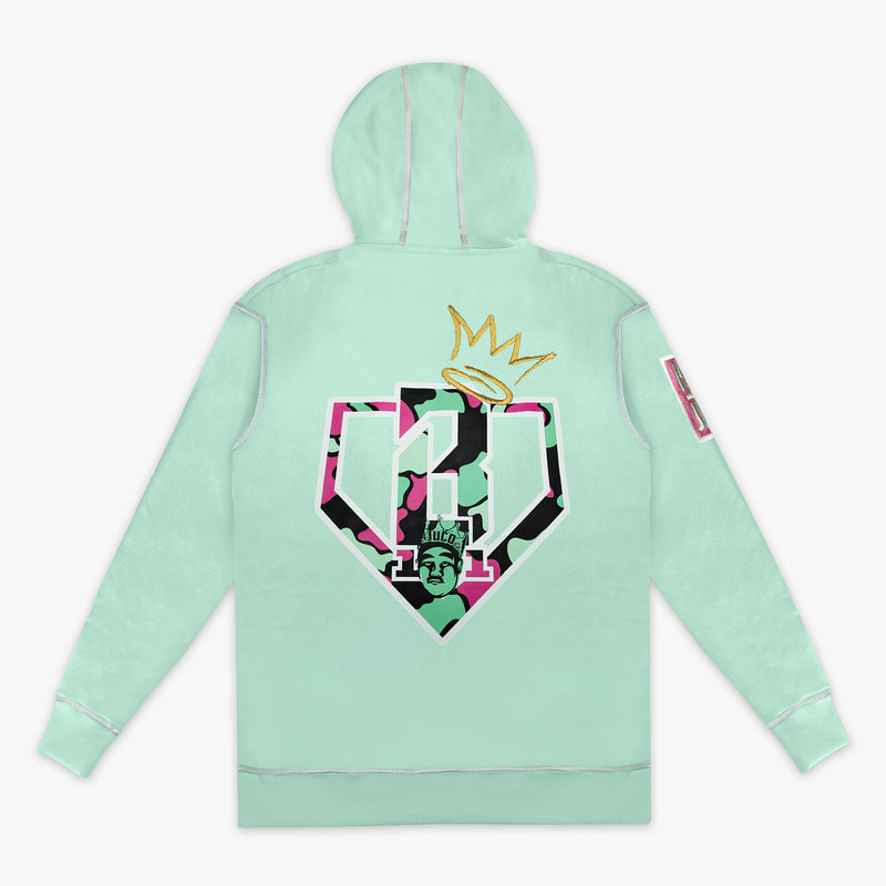 Teal youth hoodie with "King Of JUCO" design — back view