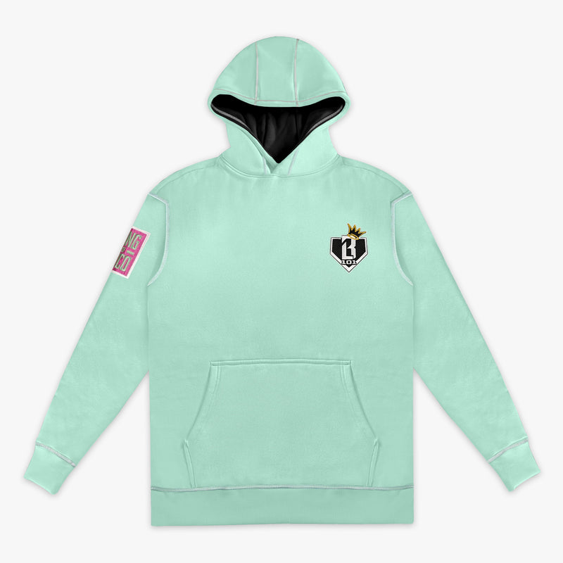 Teal youth hoodie with "King Of JUCO" design — front view