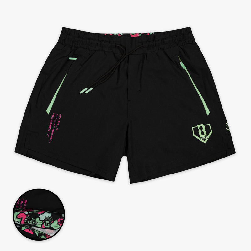 Black shorts with liner with "King Of JUCO Pro Series V2" design — front view