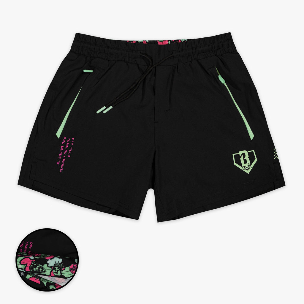 Black youth shorts with liner with "King Of JUCO Pro Series V2" design — front view