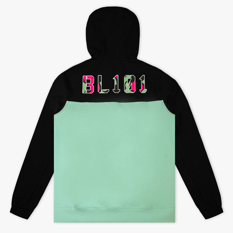 Teal youth quarter zip hoodie with "King Of JUCO" design — back view