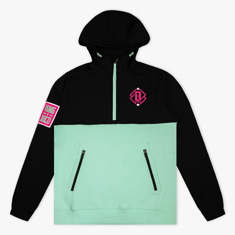 Teal quarter zip hoodie with "King Of JUCO" design — product view