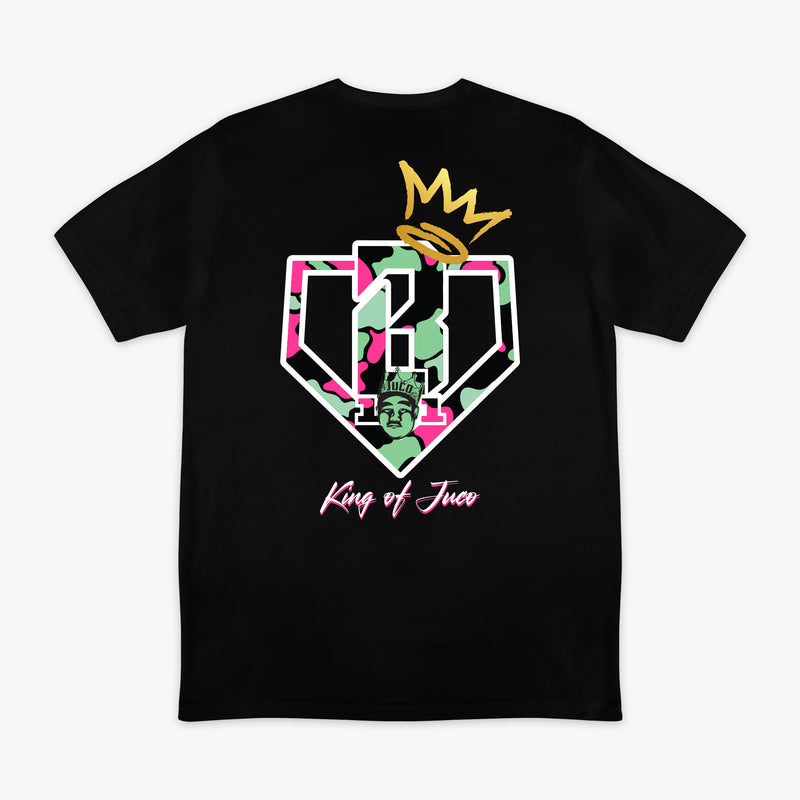 Black graphic tee with "King Of JUCO" design — back view