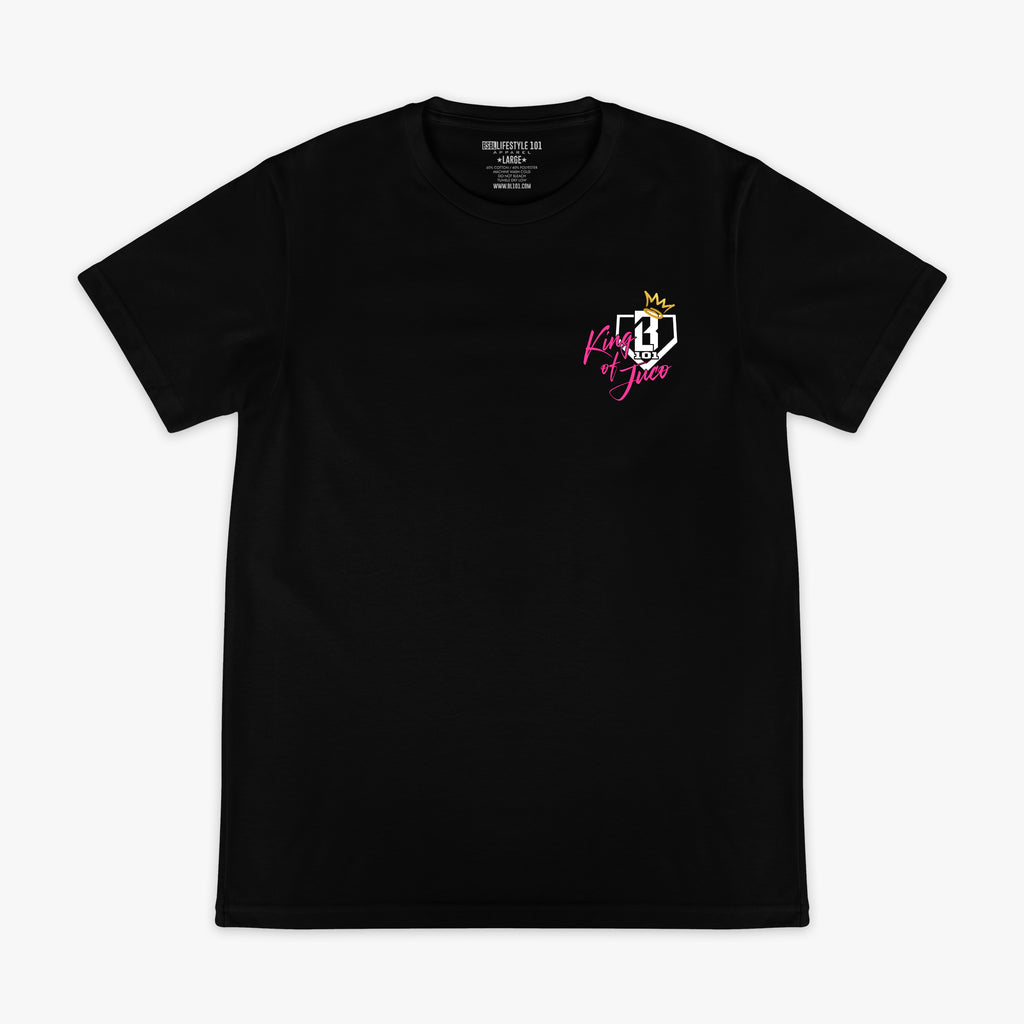 Black graphic tee with "King Of JUCO" design — front view