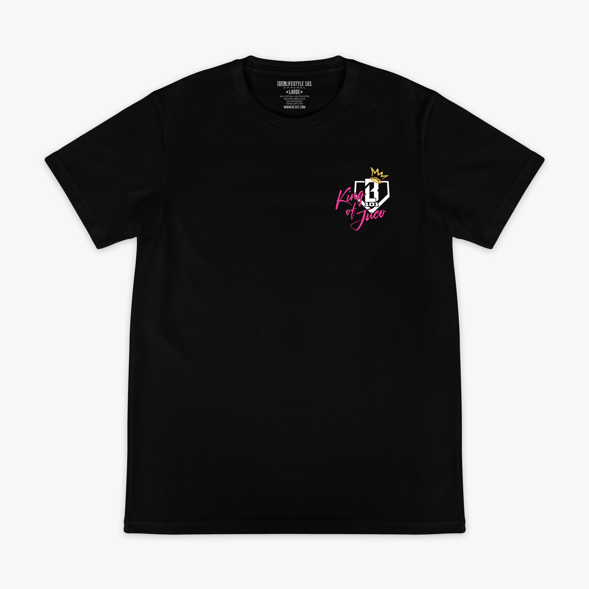 Black graphic tee with "King Of JUCO" design — front view