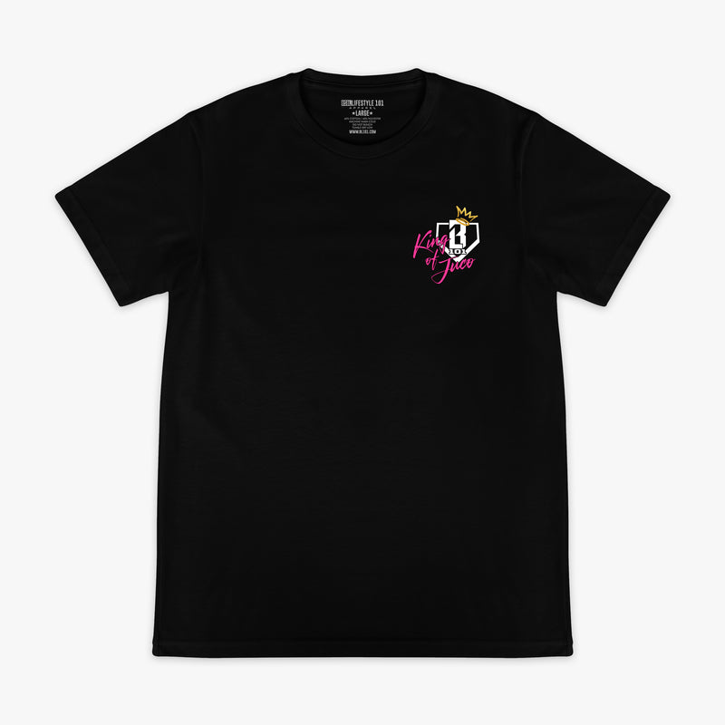 Black graphic tee with "King Of JUCO" design — front view