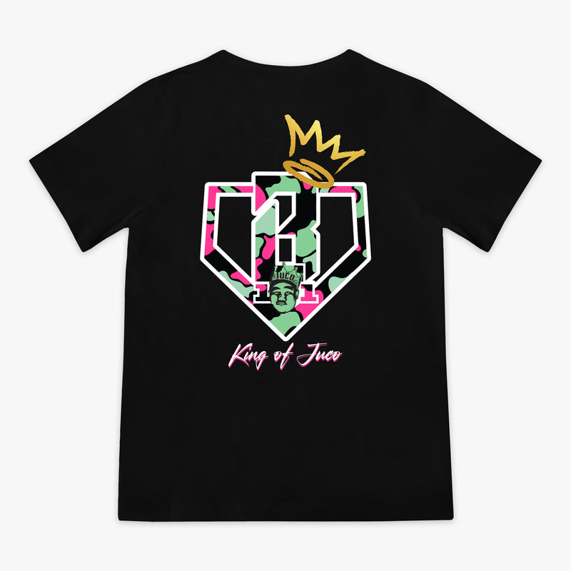 Black youth graphic tee with "King Of JUCO" design — back view