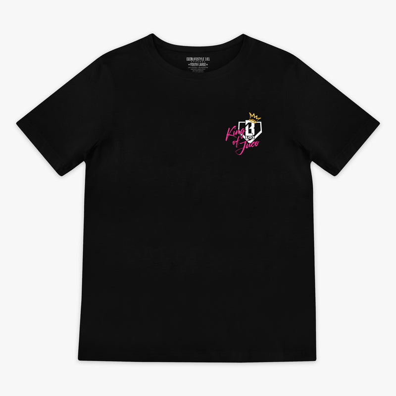 Black youth graphic tee with "King Of JUCO" design — front view