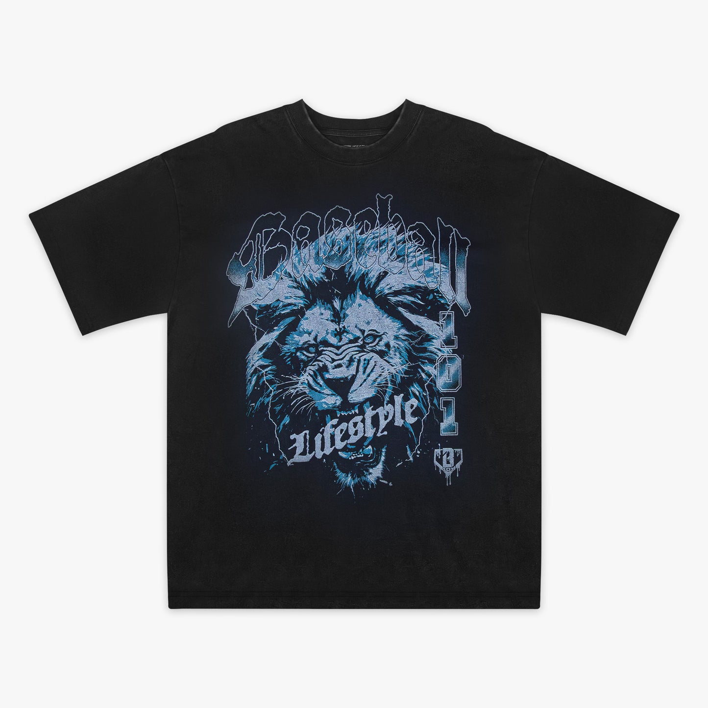 Black t-shirt with blue lion graphic and 'Baseball Lifestyle' text on a white background