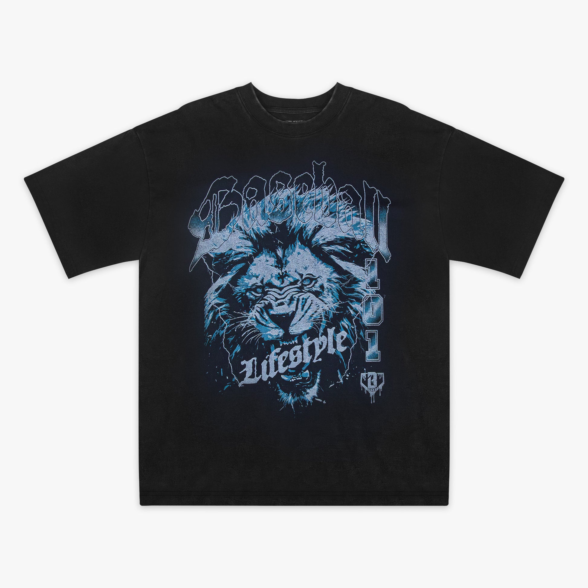 Black t-shirt with blue lion graphic and 'Baseball Lifestyle' text on a white background