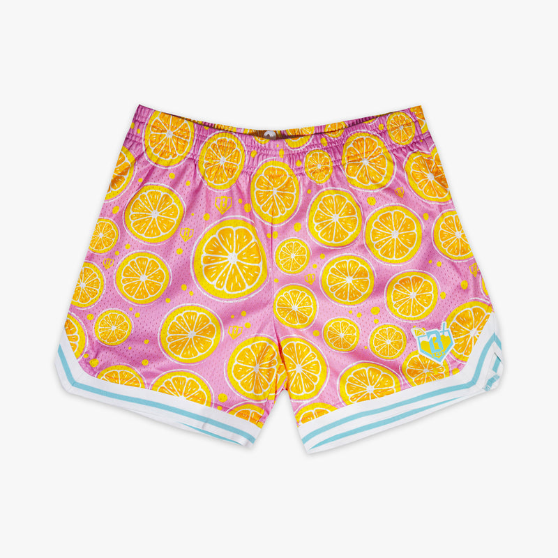 Pink Lemon Squeeze Court youth shorts — front view