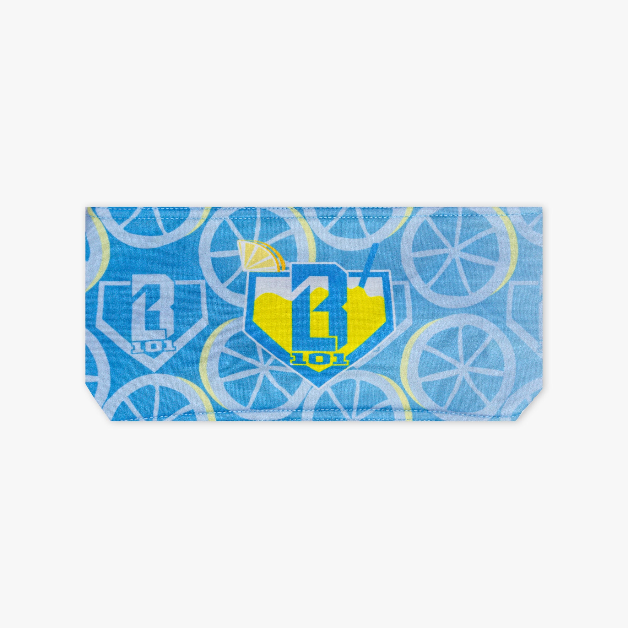 Adult model wearing blue headband with "Lemonade" design
