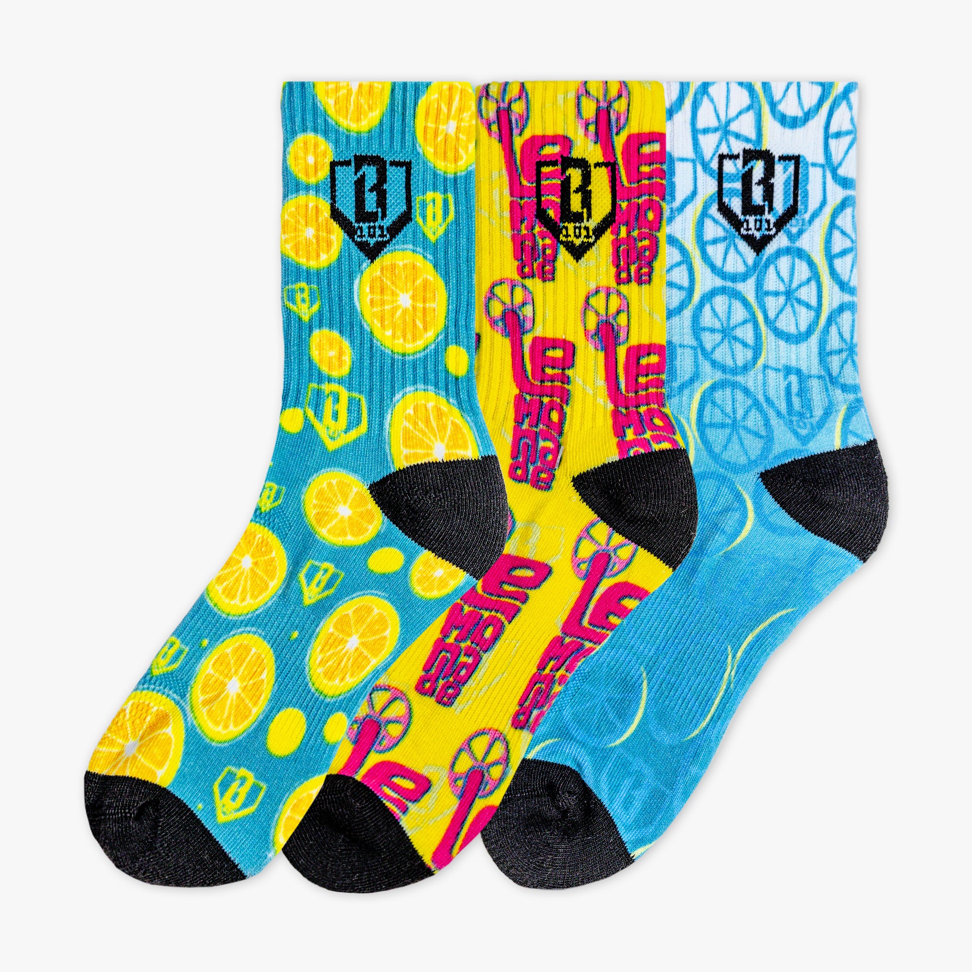 Adult model wearing multi-color socks with "Lemonade Performance 3-Pack" design