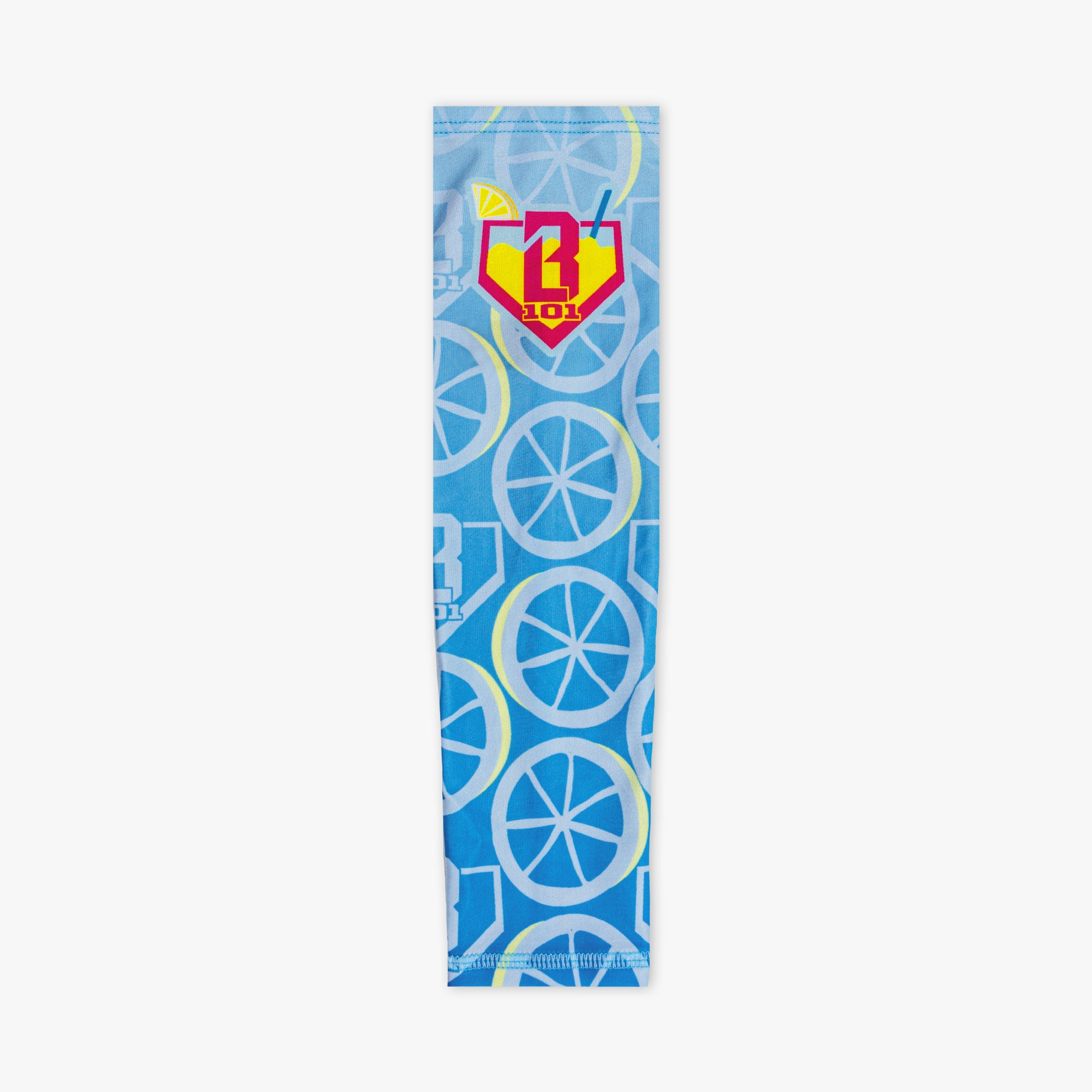 Youth model wearing blue youth arm sleeve with "Lemonade Splash" design