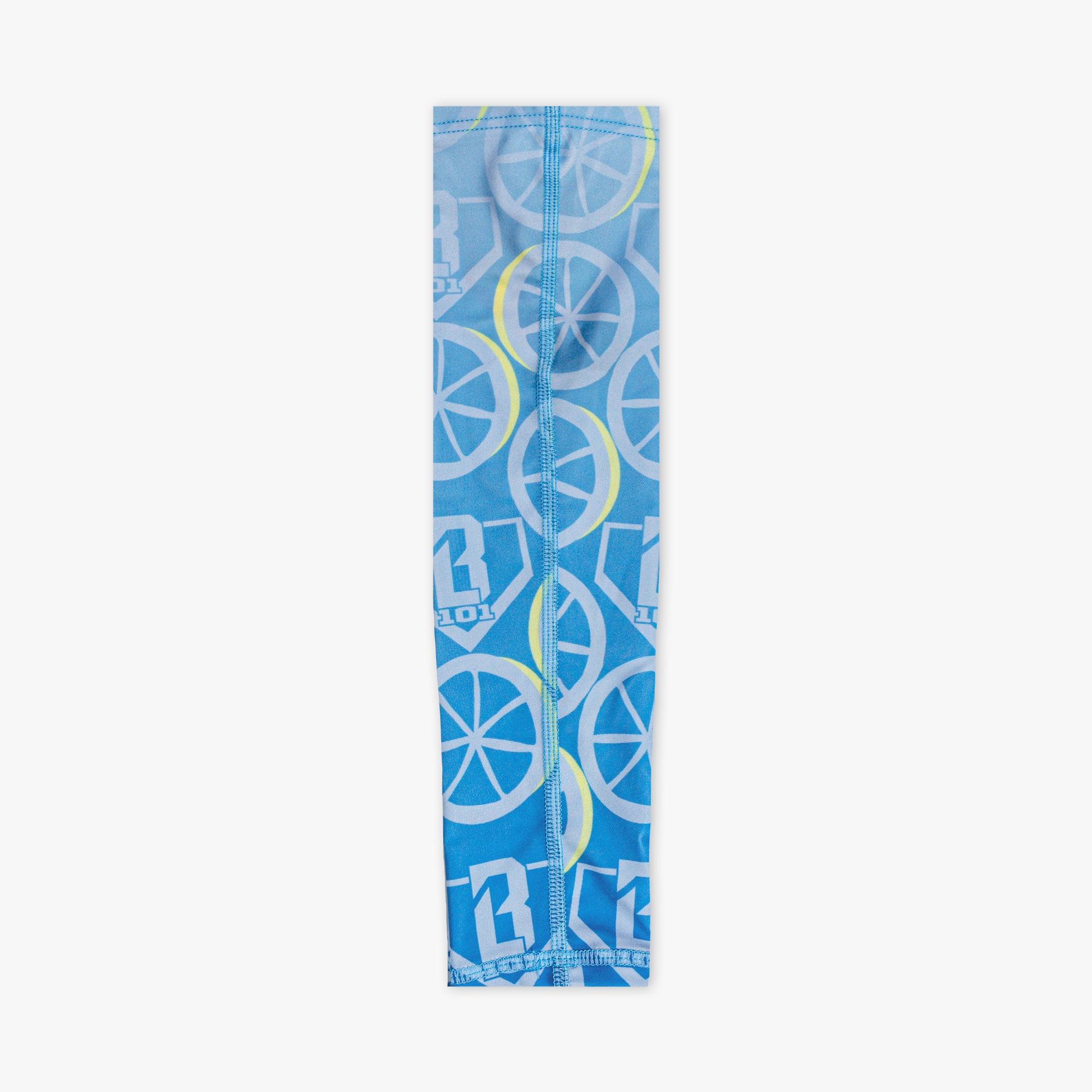 Adult model wearing blue arm sleeve with "Lemonade Splash" design