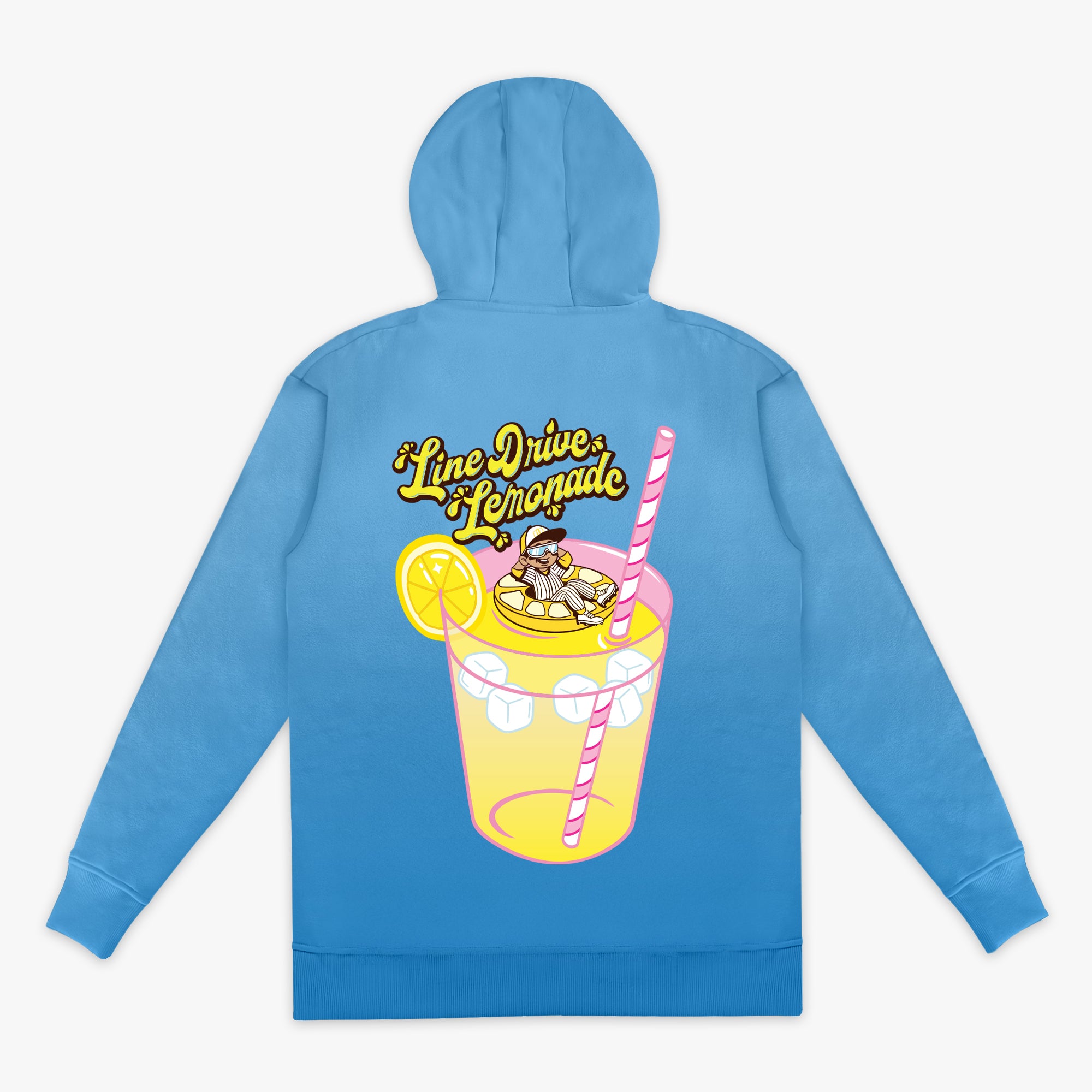 Blue hoodie with "Lemonade Cup" design - back view