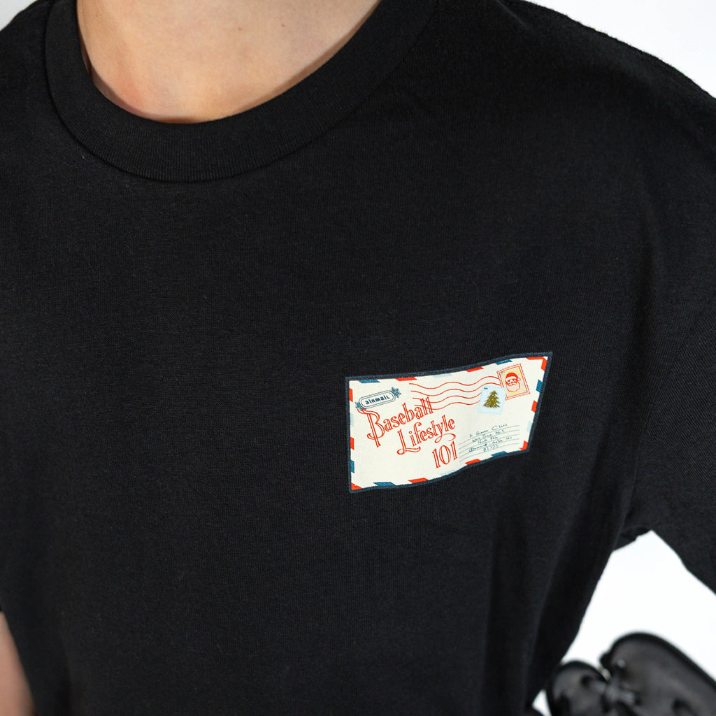Youth model wearing black youth graphic tee with "Letter To Santa" design