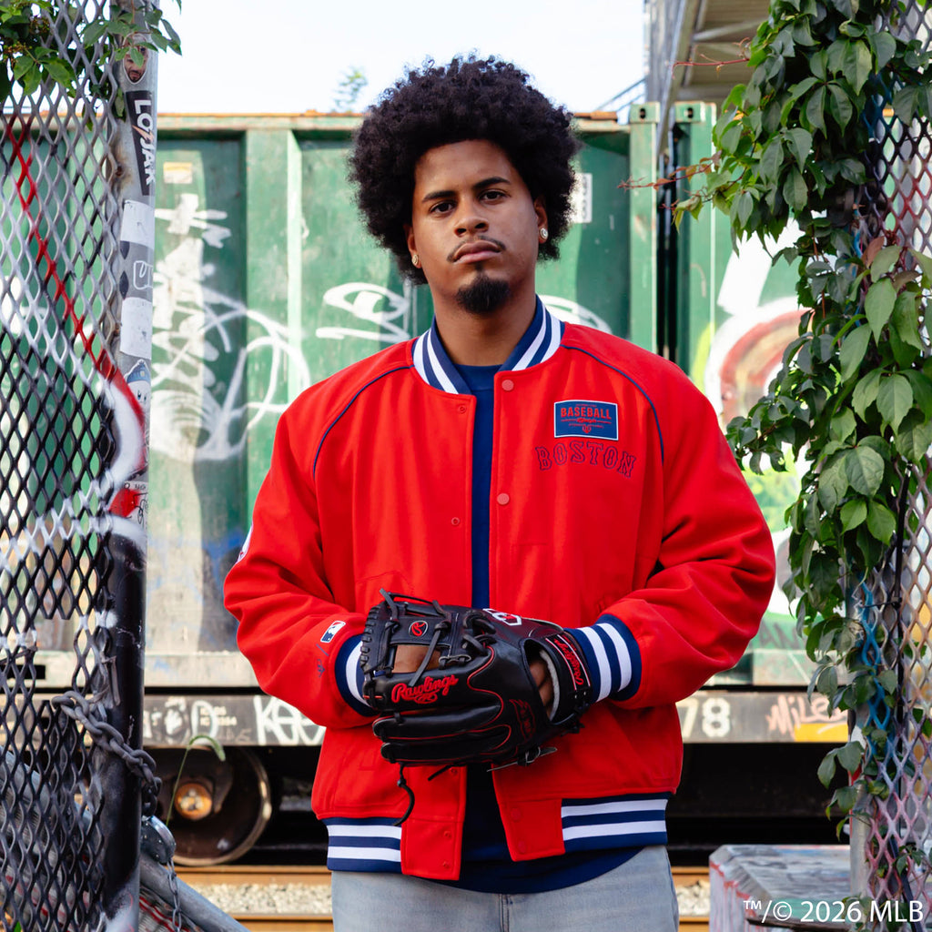 Adult model wearing red Boston Red Sox Stadium bomber jacket