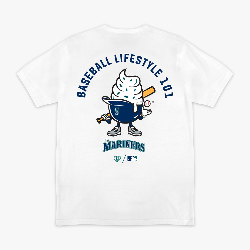 White graphic tee with "Seattle Mariners Ice Cream Cap" design - back view