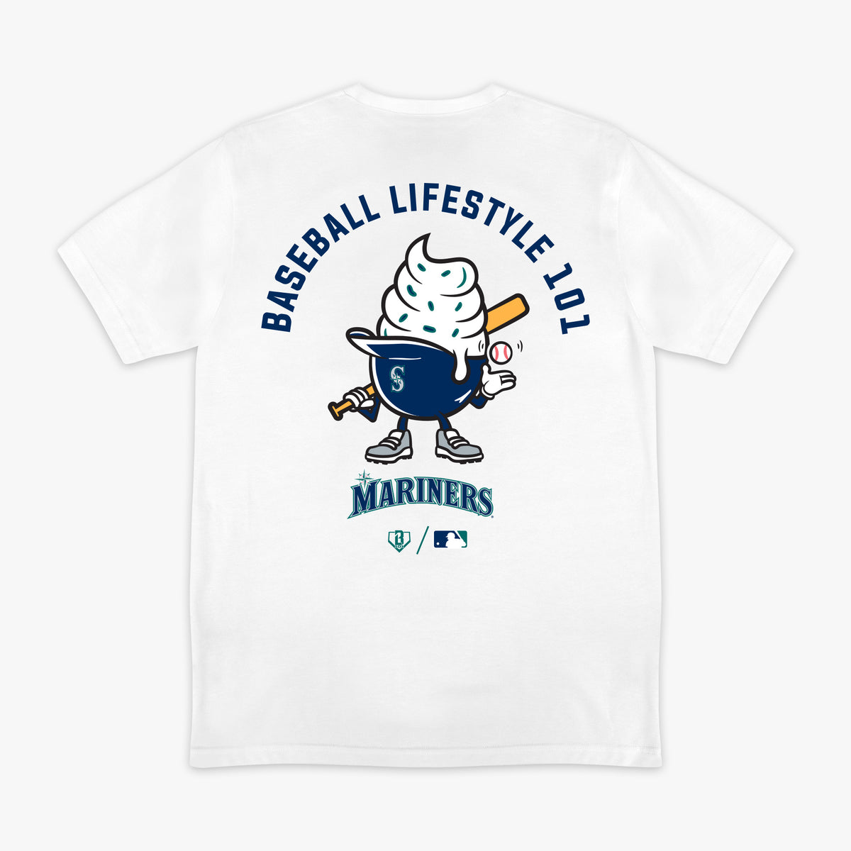 White graphic tee with "Seattle Mariners Ice Cream Cap" design - back view