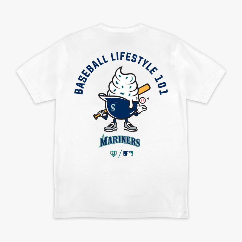 White graphic tee with "Seattle Mariners Ice Cream Cap" design - back view
