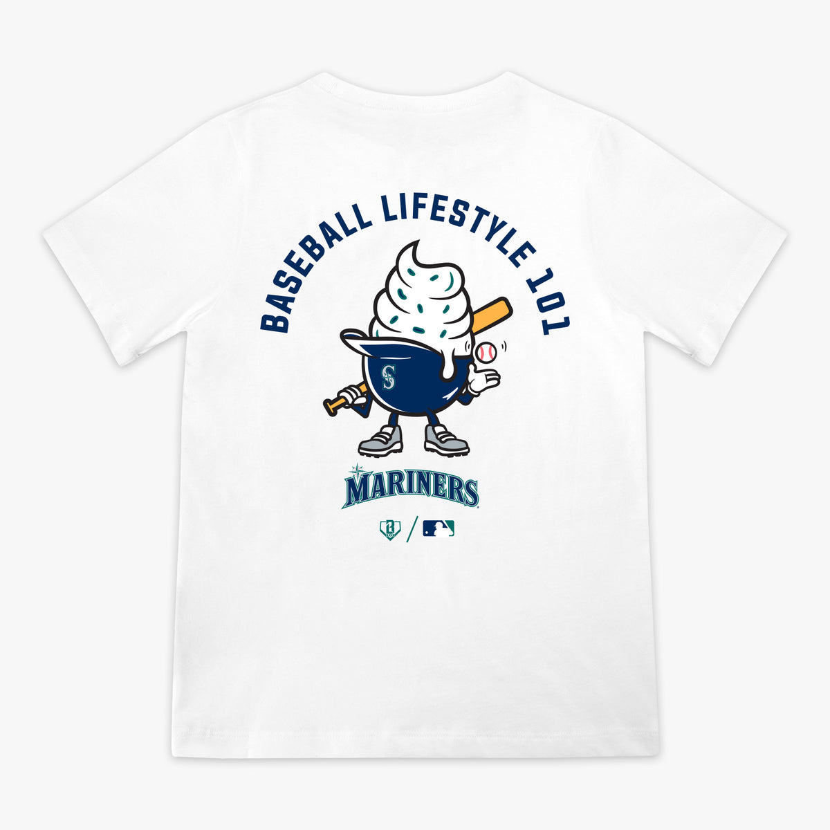 White youth graphic tee with "Seattle Mariners Ice Cream Cap" design - back view
