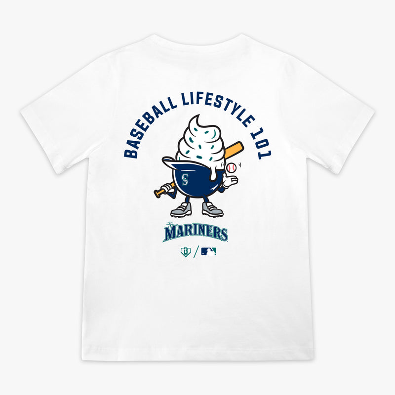 White youth graphic tee with "Seattle Mariners Ice Cream Cap" design - back view
