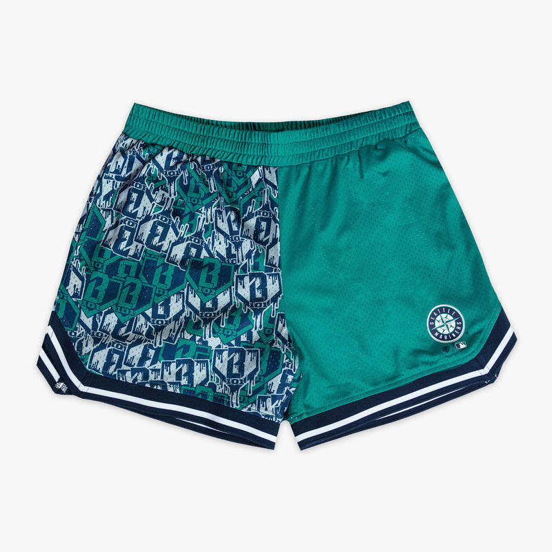 Green youth shorts with "Seattle Mariners Sticker Court" design - front view
