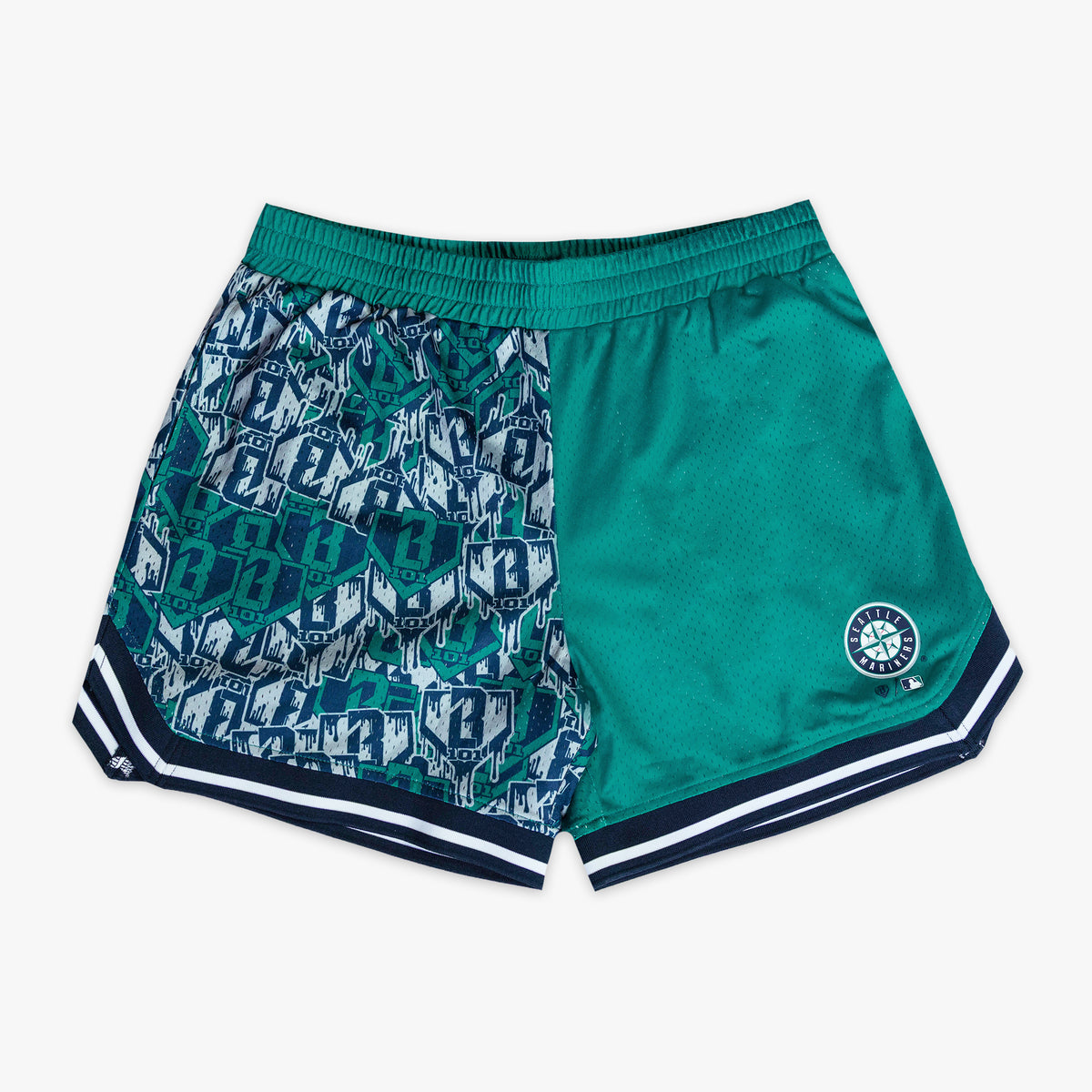 Green shorts with "Seattle Mariners Sticker Court" design - front view