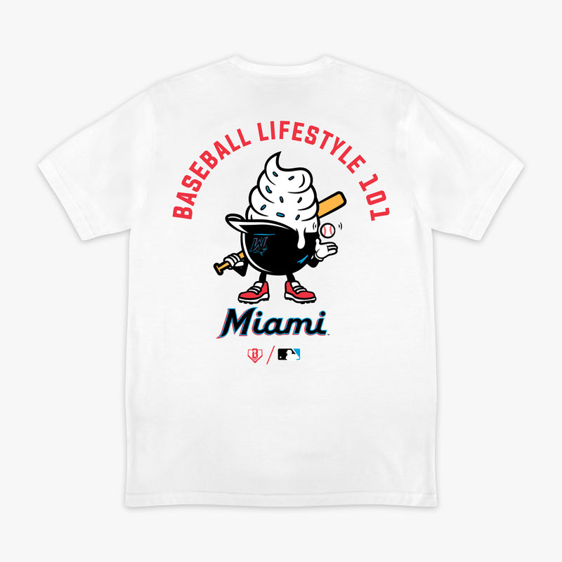 White graphic tee with "Miami Marlins Ice Cream Cap" design - back view