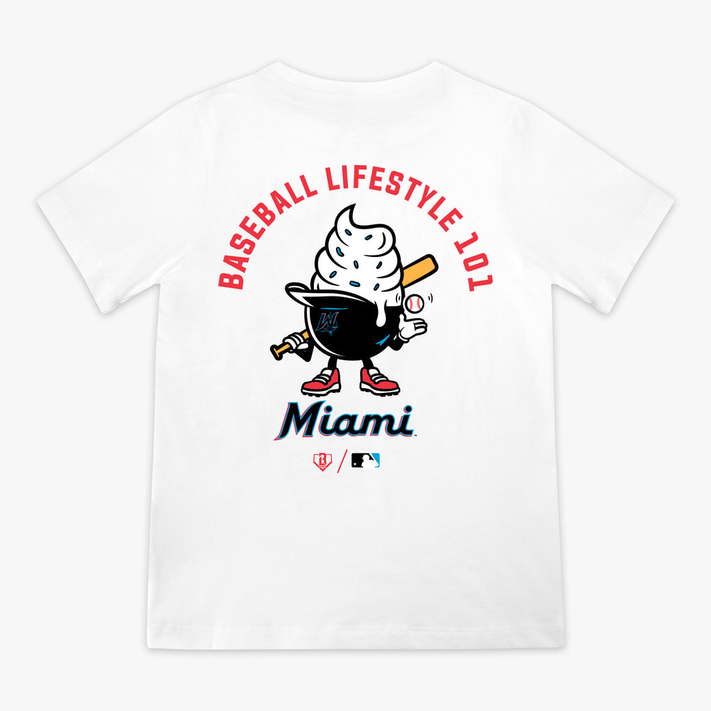 White youth graphic tee with "Miami Marlins Ice Cream Cap" design - back view