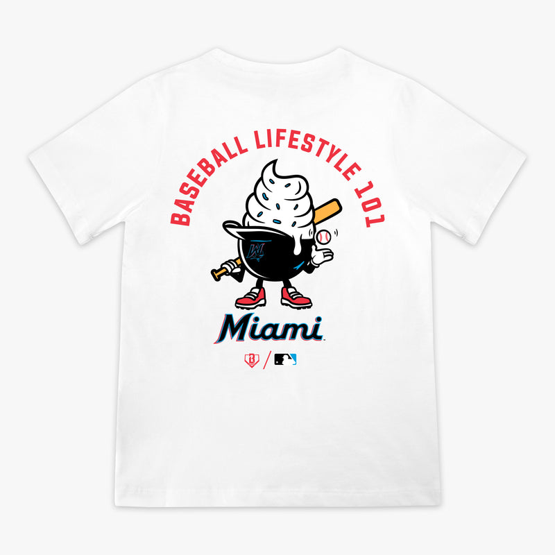 White youth graphic tee with "Miami Marlins Ice Cream Cap" design - back view