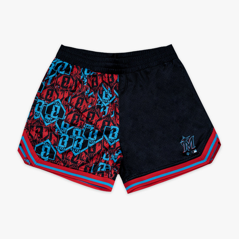 Black youth shorts with "Miami Marlins Sticker Court" design - front view