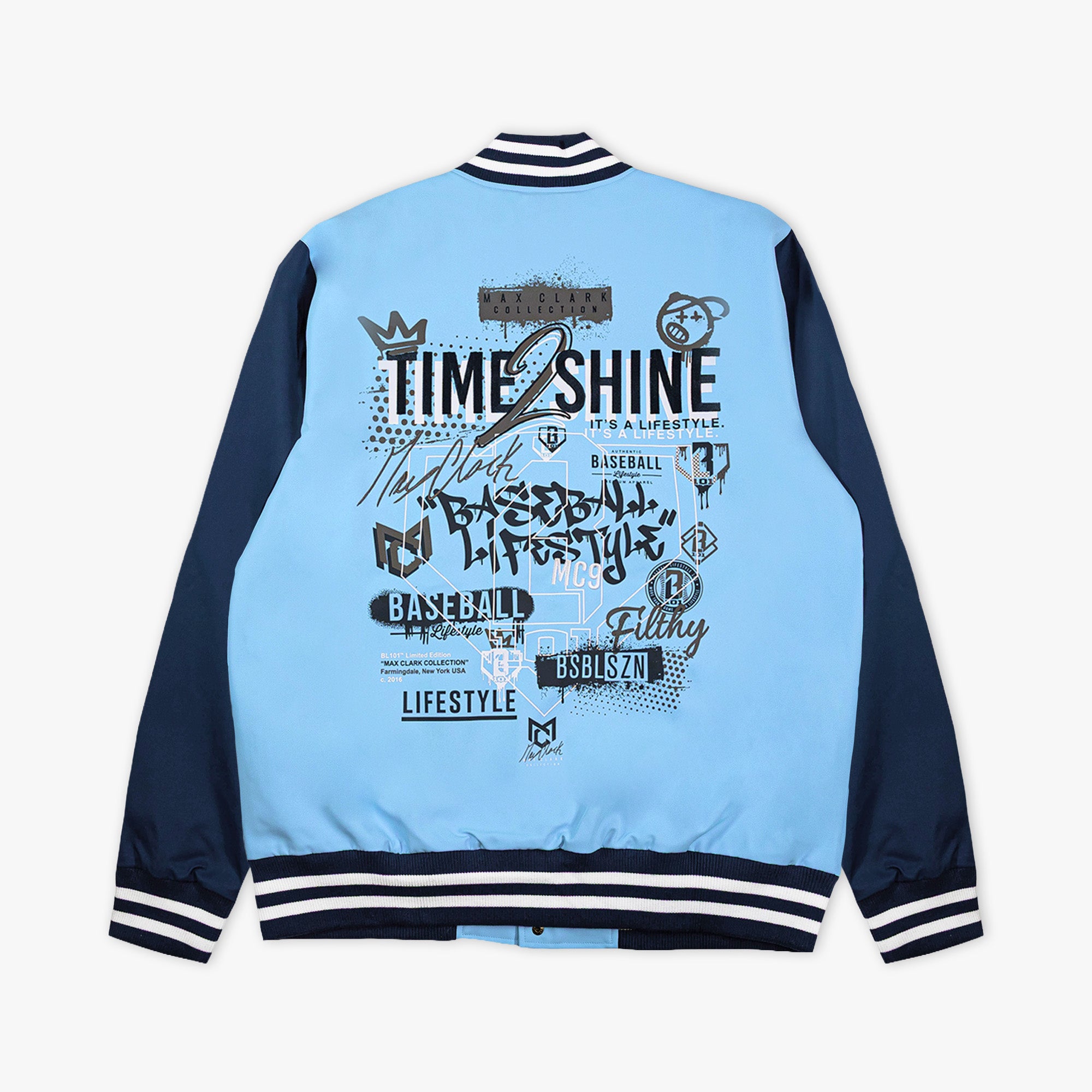 Light blue and navy jacket with text and graphics on a white background