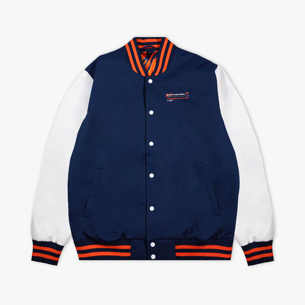 Navy and white varsity jacket with orange accents on a white background