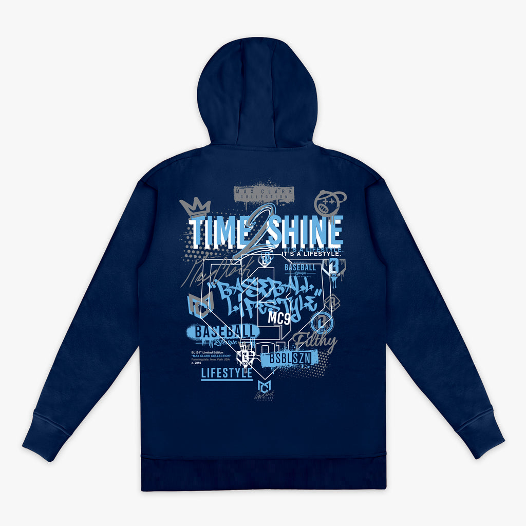 Navy blue hoodie with blue graphics and text on a white background