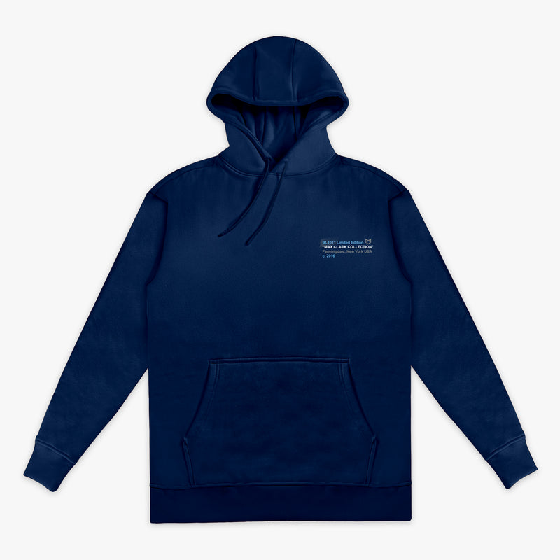 Navy blue hoodie with a small white logo on a white background