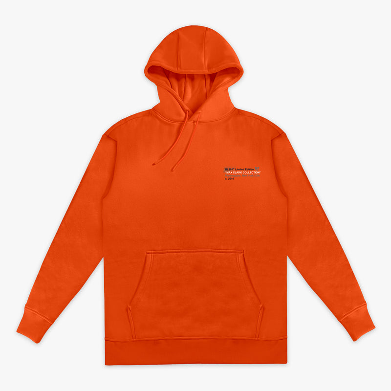 Orange hoodie with a small logo on the chest against a white background