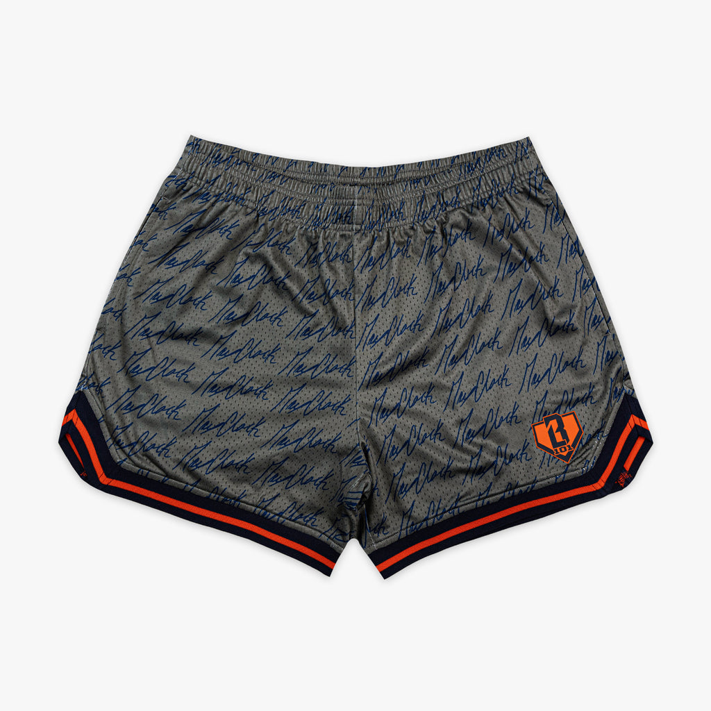 Gray shorts with text and a logo on a white background
